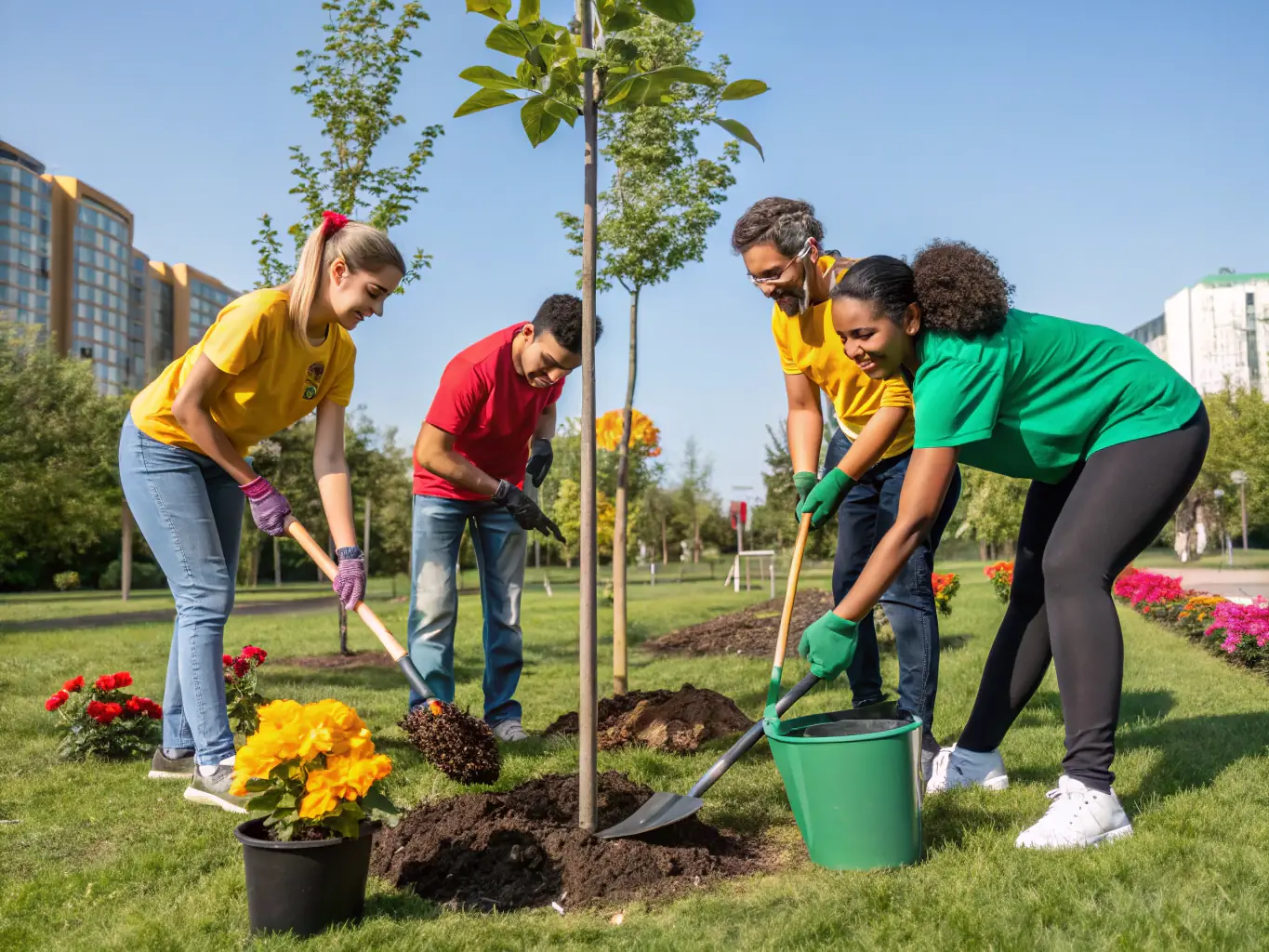 An image showing a reforestation project in British Columbia, with volunteers planting trees, symbolizing carbon sequestration and environmental restoration.