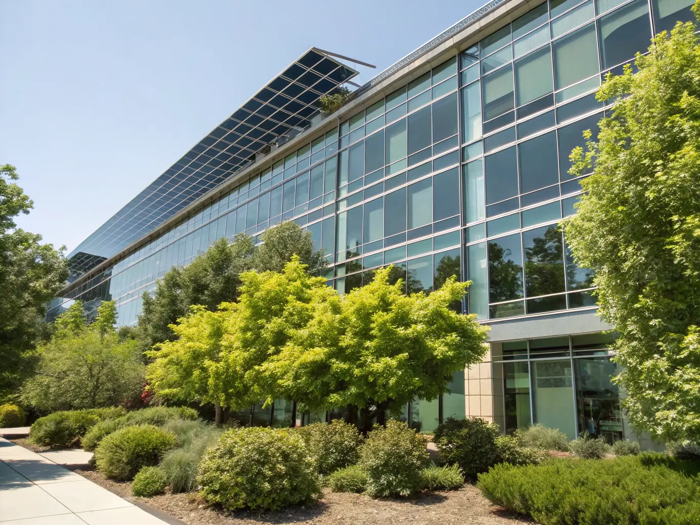 An image showing a modern office building with solar panels on the roof, symbolizing sustainable business practices and reduced carbon emissions.