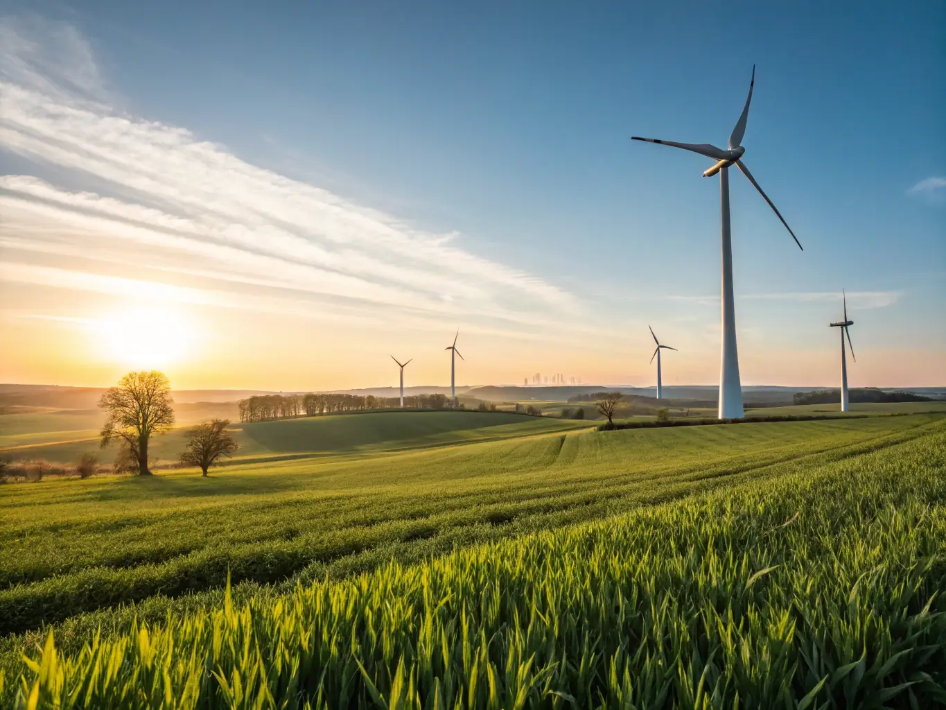 An image showing a wind turbine farm in Canada, set against a clear blue sky, symbolizing renewable energy and carbon offsetting.