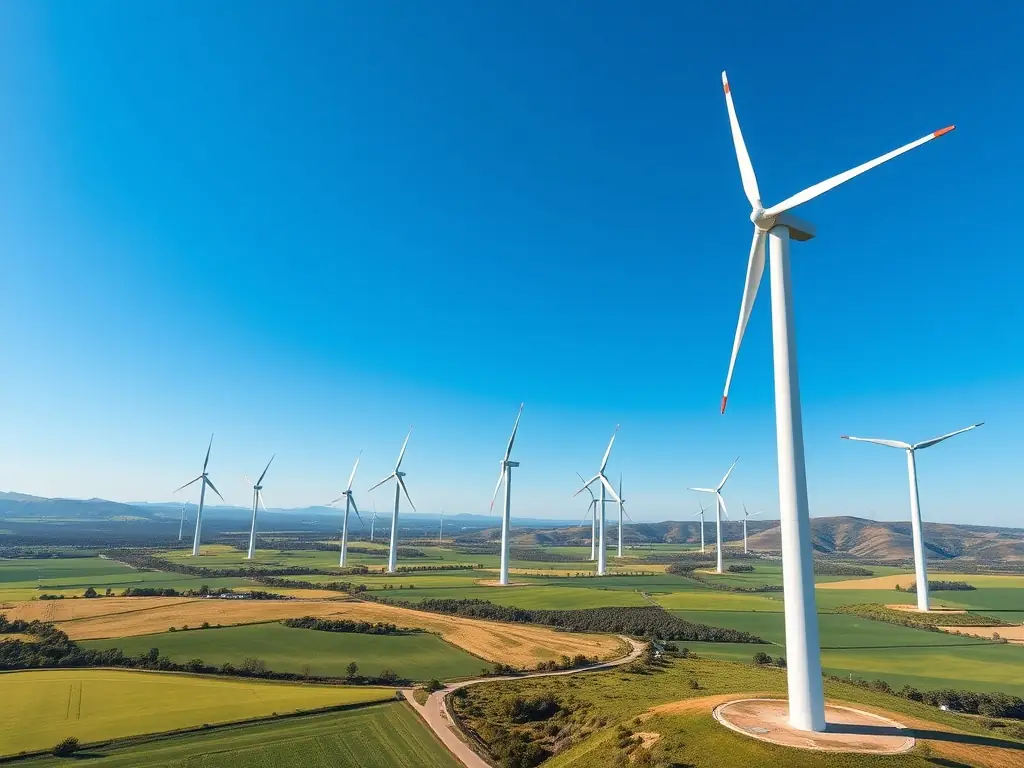 A wind turbine farm in the Canadian prairies, generating clean energy. The image should highlight the role of renewable energy projects in reducing carbon emissions and promoting a sustainable energy future.