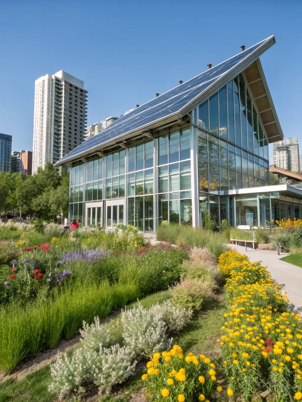 A Canadian business office building with solar panels on the roof, showcasing a commitment to renewable energy and sustainability.