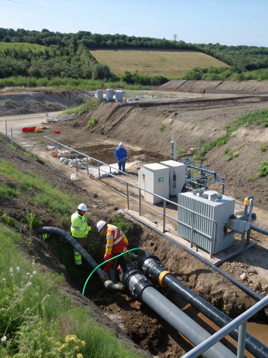 A landfill site with methane capture technology, illustrating a carbon offset project focused on reducing methane emissions.